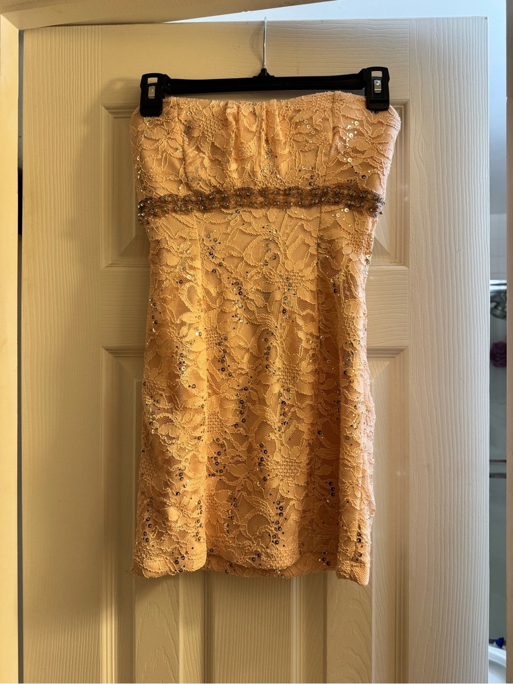 My Michelle Strapless Lace Sequin Mini Dress in Peach